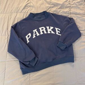 Parke Blue Varsity Mockneck Fleece Sweater, size L/XL, Sapphire/White